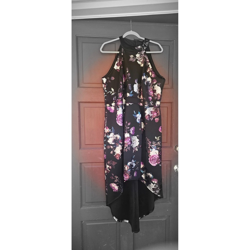 En Focus Studio 16W Dark Romantic Floral Halter High Low Metallic Satin Dress - Picture 8 of 10